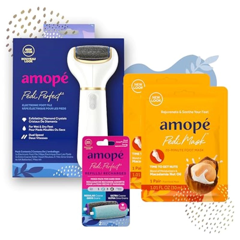 Amope AmopÃ© Pedicure Value Kit, Spa Pampering Pack, Self-Care & Relaxation Gift, contains Pedi Perfect Electric Callus Remover Foot File, 2 Macadamia Oil PediMask Foot Masks, 2 Roller Heads â€“ 4 pieces - Image 1